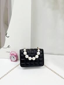 1 pieza Mini Bolso de hombro versátil, tipo satchel, de PU con relieve a cuadros, adecuado para uso diario - Negro - Ver 3