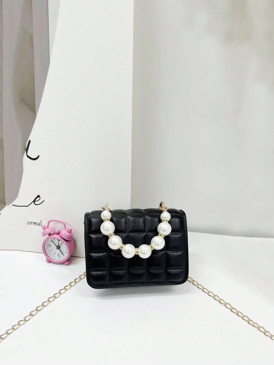 1 pieza Mini Bolso de hombro versátil, tipo satchel, de PU con relieve a cuadros, adecuado para uso diario - Negro - Ver 1