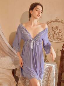 性感蕾絲拼接，升級版夏日冰絲女性V領睡衣，帶蝴蝶結裝飾，柔軟舒適，對比蕾絲睡裙 - 淺藍色 - 查看 8