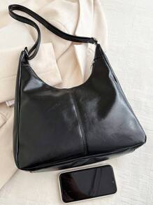 Sac Bandoulière en PU Souple Et unicolore De Couleur Unie Pour Femme, Sac D'épaule Simple Et Décontracté De Grande Capacité Pour Étudiant, Sac De Travail Pour Femmes Rétro En Bandoulière Et Léger Avec Messager De Sacoche Pour Cadeaux De Vacances - Noir - Voir 6