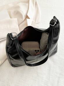 Sac Bandoulière en PU Souple Et unicolore De Couleur Unie Pour Femme, Sac D'épaule Simple Et Décontracté De Grande Capacité Pour Étudiant, Sac De Travail Pour Femmes Rétro En Bandoulière Et Léger Avec Messager De Sacoche Pour Cadeaux De Vacances - Noir - Voir 7