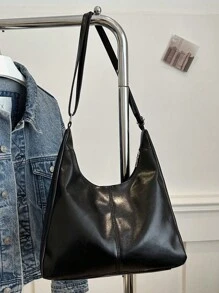 Sac Bandoulière en PU Souple Et unicolore De Couleur Unie Pour Femme, Sac D'épaule Simple Et Décontracté De Grande Capacité Pour Étudiant, Sac De Travail Pour Femmes Rétro En Bandoulière Et Léger Avec Messager De Sacoche Pour Cadeaux De Vacances - Noir - Voir 5