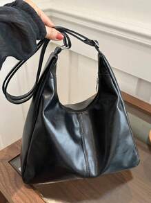 Sac Bandoulière en PU Souple Et unicolore De Couleur Unie Pour Femme, Sac D'épaule Simple Et Décontracté De Grande Capacité Pour Étudiant, Sac De Travail Pour Femmes Rétro En Bandoulière Et Léger Avec Messager De Sacoche Pour Cadeaux De Vacances - Noir - Voir 3