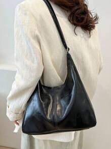 Sac Bandoulière en PU Souple Et unicolore De Couleur Unie Pour Femme, Sac D'épaule Simple Et Décontracté De Grande Capacité Pour Étudiant, Sac De Travail Pour Femmes Rétro En Bandoulière Et Léger Avec Messager De Sacoche Pour Cadeaux De Vacances - Noir - Voir 2