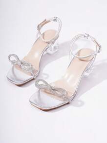 Fashionable And Sexy Bow Knot Transparent High Heeled Sandals With Rhinestones, Buckle Strap, Perfect For Party And Stage Performance Valentines - Silver - View 6