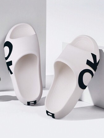 OK Men's Single Band Slides,Fashionable White EVA Slippers,Open Toe Shoes With Letter Graphic For Indoor Outdoor Beach House