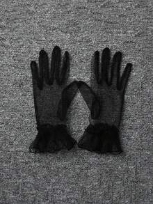 1 双婚礼新娘礼服晚礼服手套透明网眼短款蕾丝五指手套，带有优雅的褶边细节，可用作婚礼仪式和摄影道具的短手套 - 彩色 - 查看 9