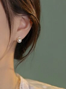 GAGAFEEL 1 Pair Elegant Exquisite S925 Sterling Silver Crown Freshwater Pearl Earrings Zirconia Earrings For Women Girl Party Dating Gift Daily Wear Birthday Gift - Gold - View 2