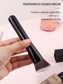 1pc Black Soft Blush Brush Contour Brush Portable Makeup Brush High-End Wooden Handle Angled Face Shadow Contour Brush Makeup Tool - Black - View 6