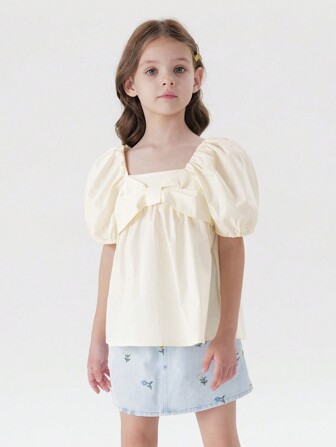 MARC&JANIE 夏季少女甜美有趣的大蝴蝶結泡泡袖短袖方領襯衫