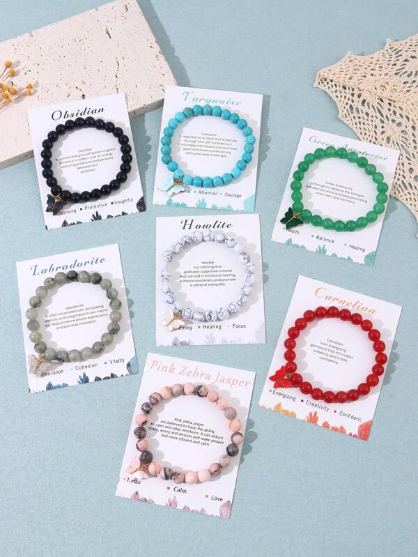 1 pieza Pulsera con colgante de mariposa de pino azul claro, cebra rosa y negro, hecha a mano con cuentas, para hija y hermana