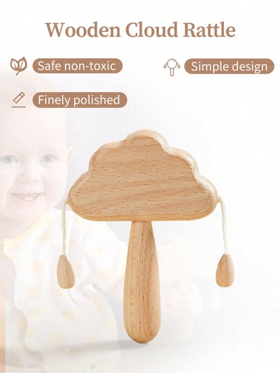 1 Pc Newborn Baby Natural Wooden Cloud Rattle, Chewable Teething Toy, Baby Pacifying Shake Rattle, Gift For 0-3 Years Old, Birthday, Christening