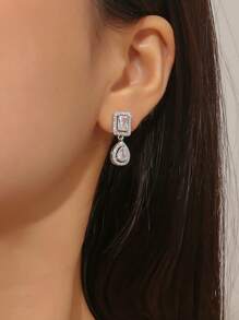 rakol 2pcs Elegant Women's Drop Earrings With Cubic Zirconia Decor In Silver, Water Drop And Cube Shaped - Silver - View 2