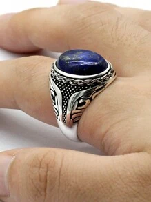 OHMMHO 1 Miếng Cổ điển Duy nhất S925 Bạc nguyên chất Nam Nhẫn Với Tròn Tự nhiên Xanh , Đồ trang sức Qủa tặng - Màu xanh lam - Xem 5