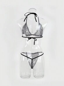 2pcs Black Sheer Polka Dot Three Piece Lingerie Set Suitable For Home Use,Women - Black - View 11