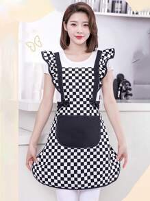 1件方格圍裙帶肩帶,穿著舒適透氣,防污、防油、耐磨耐髒且易於清潔,半長款,防光轉設計 - 圍裙棋盤格 - 查看 5
