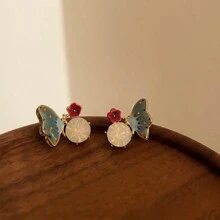 2 Piezas Estilo De Pintura Al Óleo Francés De Esmalte Con Diseño De Mariposa Y Flor De Pedrería Pendientes Para Mujeres, Uso Diario - estilo 1 - Ver 4