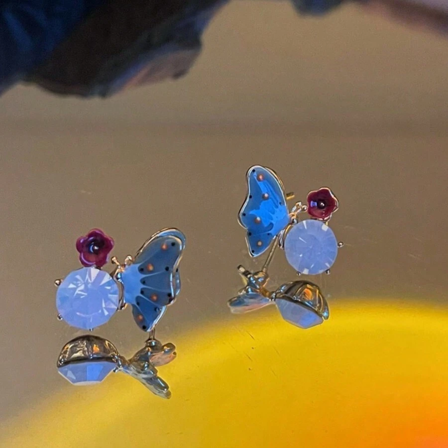 2 Piezas Estilo De Pintura Al Óleo Francés De Esmalte Con Diseño De Mariposa Y Flor De Pedrería Pendientes Para Mujeres, Uso Diario - estilo 1 - Ver 1