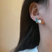 2 Piezas Estilo De Pintura Al Óleo Francés De Esmalte Con Diseño De Mariposa Y Flor De Pedrería Pendientes Para Mujeres, Uso Diario - estilo 1 - Ver 5