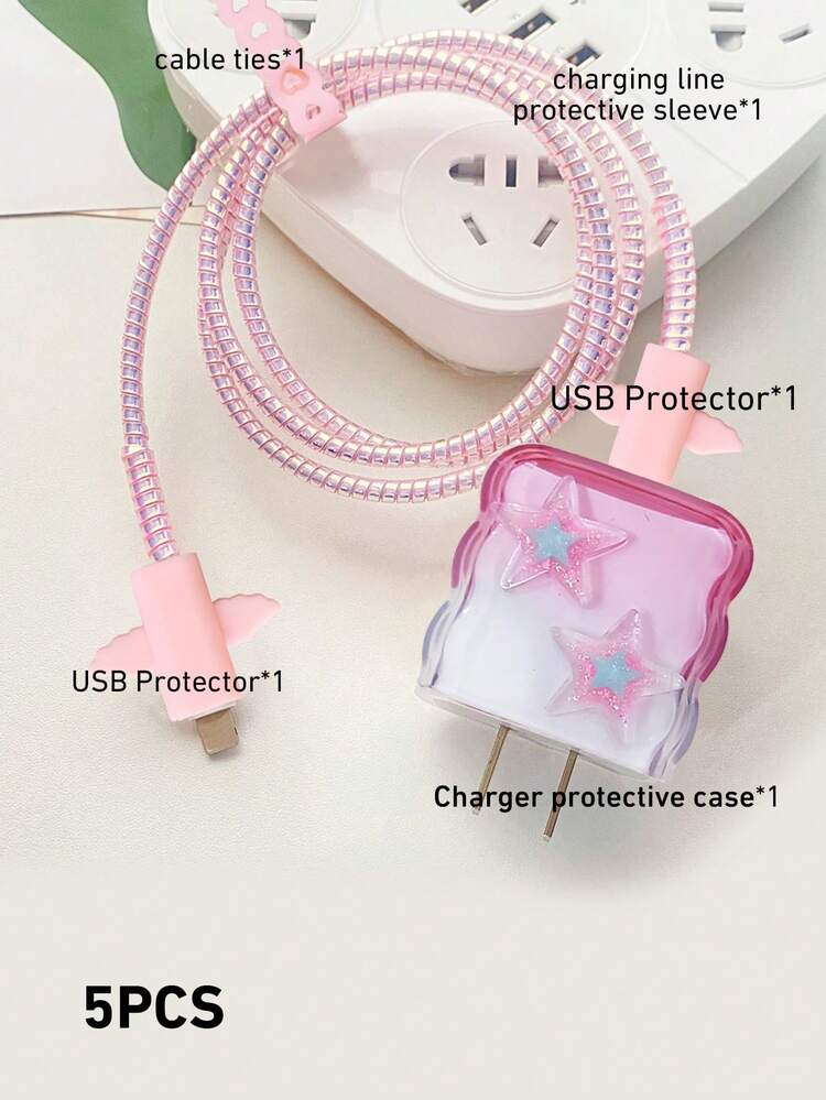 Carcasa de carga anticaída TPU con borde de onda rosa y estrellas 3D protectora irrompible para cable de datos, cobertura protectora para cabeza de carga compatible con cargador rápido Apple 18W/20W - Juego de 5 piezas - Rosa - Ver 5
