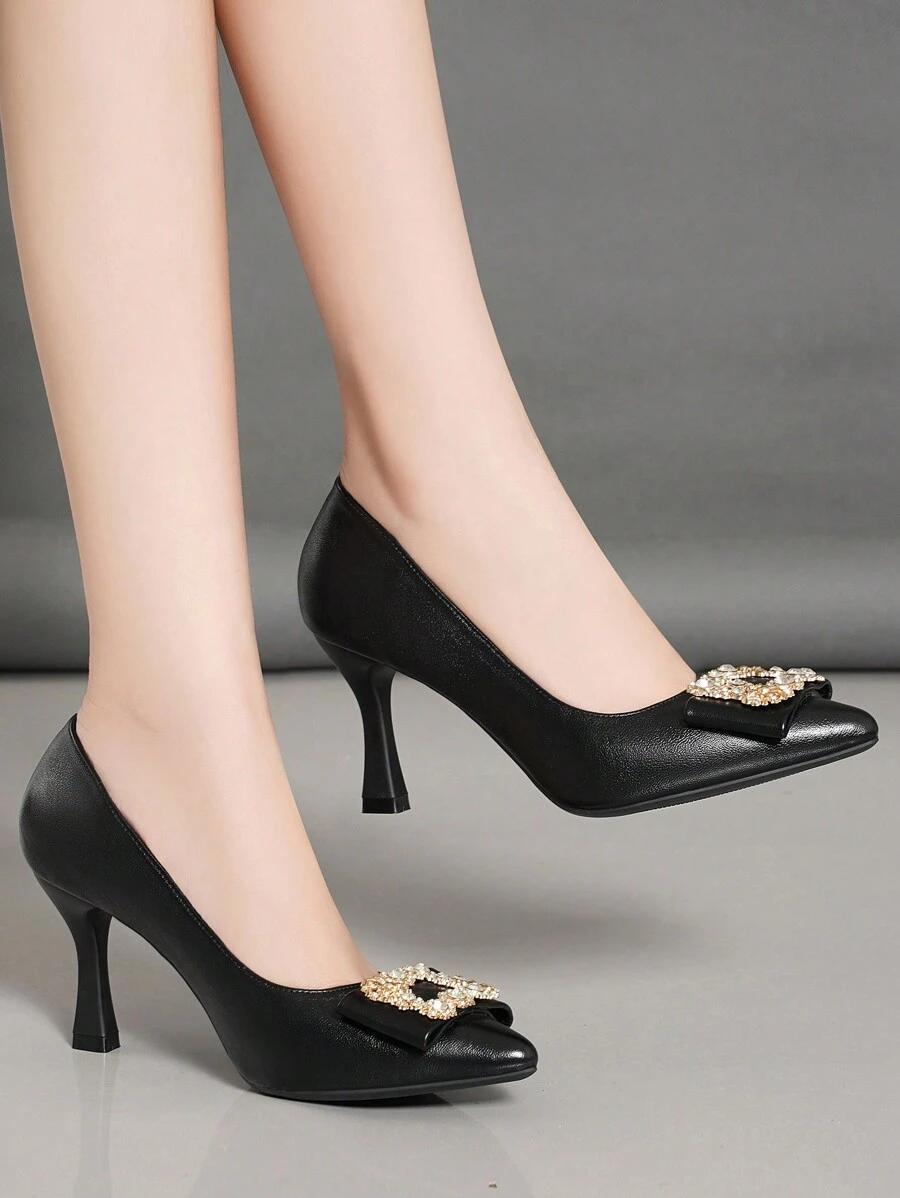 Spitz zulaufende High Heels Schuhe für Damen mit dünnem Absatz, modisch, verziert mit Diamond, komfortabel - Schwarz - Übersicht 1