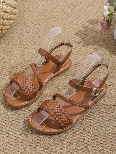 1 Pair Teens Plus Size Solid Color Woven Strap Design Beach Sandals, Comfortable Lightweight TPR Anti-Slip Round Toe Outdoor/Daily Wear Roman Sandals Suitable For Aged 8 And Above