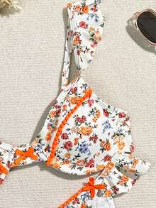Ditsy Floral Ruffle Trim Underwire Separated Bikini Set Summer Beach - Multicolor - View 4