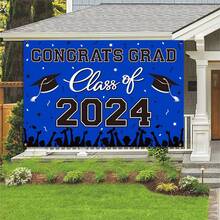 1pc 2024 Graduation Theme Photography Backdrop, Graduation Ceremony Photo Prop, Graduation Party Decor Background Cloth, Polyester Material, 100x150cm. - Blue - View 5