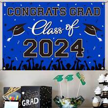 1pc 2024 Graduation Theme Photography Backdrop, Graduation Ceremony Photo Prop, Graduation Party Decor Background Cloth, Polyester Material, 100x150cm. - Blue - View 1