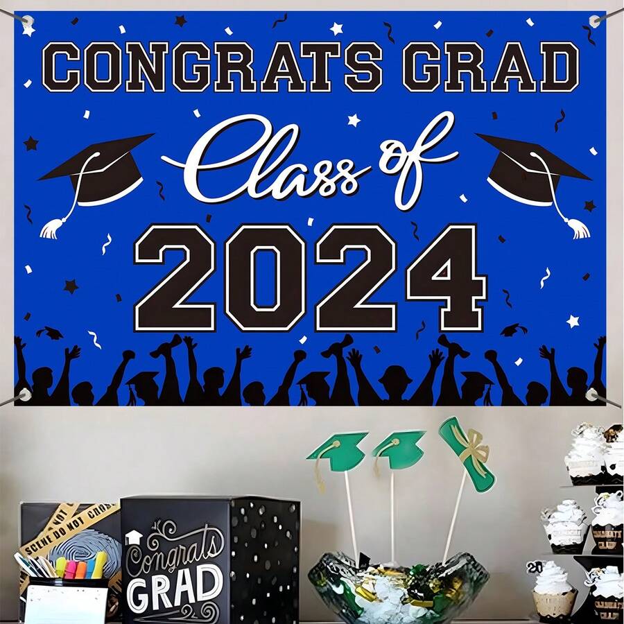 1pc 2024 Graduation Theme Photography Backdrop, Graduation Ceremony Photo Prop, Graduation Party Decor Background Cloth, Polyester Material, 100x150cm. - Blue - View 1
