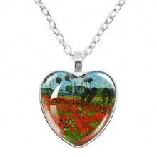1 件时尚梵高艺术星夜向日葵项链玻璃画心形吊坠项链珠宝情人节 - 銀色 - 查看 17