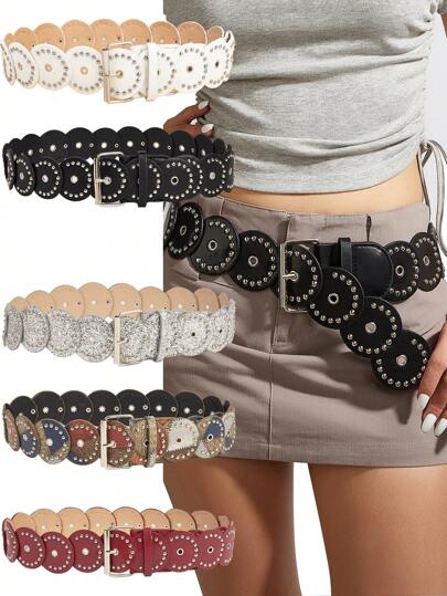 1pc Women Western Style Retro Joint & Eyelet Decorated Studded Belt Halloween