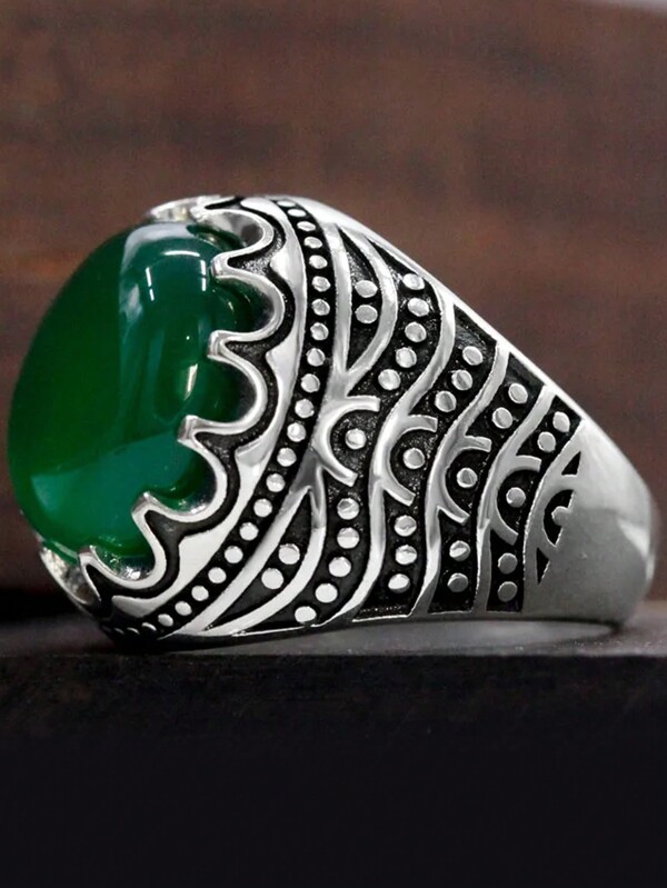 1pc S925 Silver Men's Ring With Natural Green Agate Stone And Wave Pattern, Jewelry Gift
