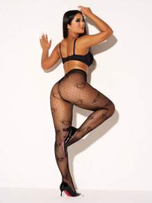 1入黑色心型刺繡魚網褲襪，可愛甜美日系風透明絲襪，適用於女士/女孩 - 黑色 - 查看 10