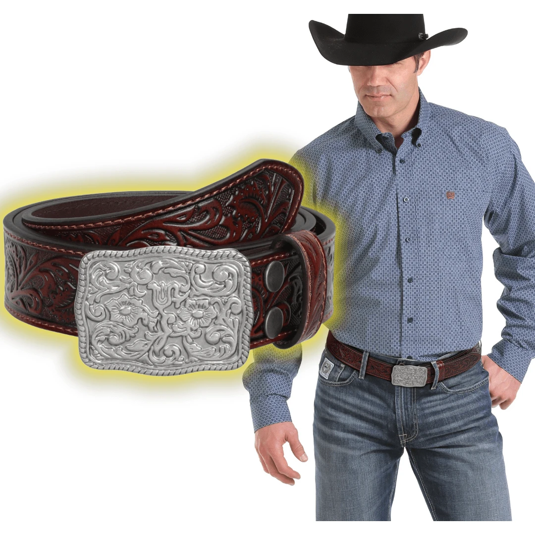 1件男/女咖啡色西部花卉雕刻皮帶，復古壓花款式，適用於日常波西米亞風格裝扮的牛仔和牛女 - 咖色 - 查看 1