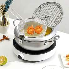 1pc Stainless Steel French Fries Fryer Basket, 23cm Foldable Round Fry Basket For Separating Fried Chicken & Draining Oil - Silver - View 1