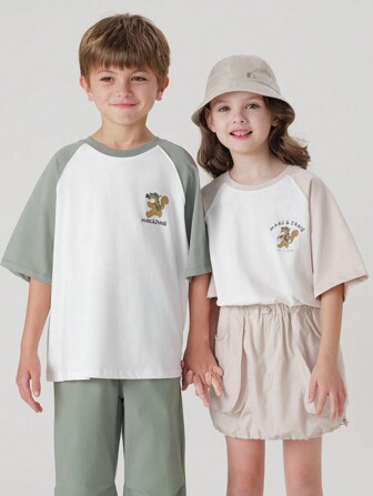 MARC&JANIE Ung pojke Antibakteriell Färgblock Enkel Tecknad Film Brev Tryckt Raglan Kort Ärm T-shirts , Sommar