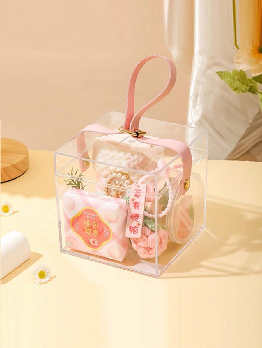 1pc Transparent Acrylic Gift Box Wedding Favor Box Handled Gift Package Box - Transparent Color - View 1