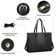 Women's PU Laptop Bag 15.6 Inch Laptop Tote Bag Briefcase Work Waterproof Handbag Shoulder Bag Business Office Bag Black - Black - View 5
