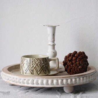 1PC Decor 12in Round Tray For Home Decor- White Wood Beaded Tray- Decorative Round Tray For Living Room Decor Coffee Table Decor Kitchen Table Decor Or Farmhouse Serving Tray Best Gifts Birthday Plates Kitchen Accessories Kitchen Decor Trays Fruit Tray Tray Decor Graduation