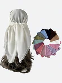 1入女士純色雪紡仿真絲印花方形圍巾，頭巾，希賈布，頭巾，帶子，頭巾上帶子，髮帶，頭帶，用於裝扮您的造型的理想選擇 - 彩色 - 查看 11