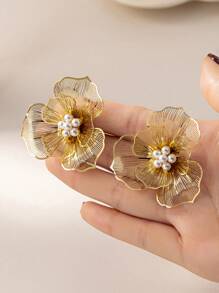 1 对夸张双层花朵和人造珍珠耳钉，具有立体效果，欧美风格，情人节、妈妈、母亲、母亲节、礼物 - 花朵耳環 - 查看 4