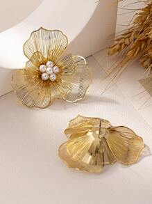 1 对夸张双层花朵和人造珍珠耳钉，具有立体效果，欧美风格，情人节、妈妈、母亲、母亲节、礼物 - 花朵耳環 - 查看 2