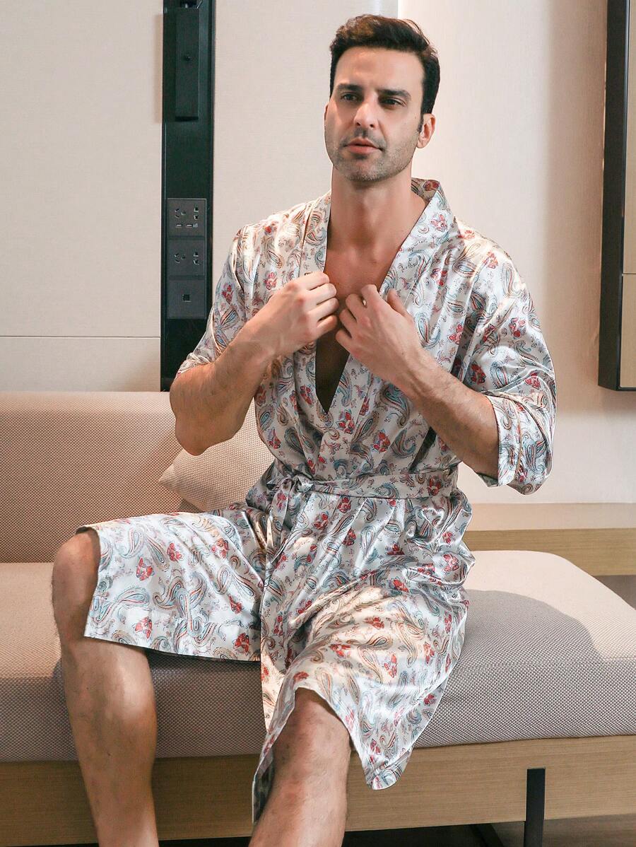 适合所有季节的男士五分袖缎面睡袍和花卉印花丝绸睡衣 - 香檳色 - 查看 1