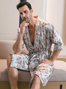 适合所有季节的男士五分袖缎面睡袍和花卉印花丝绸睡衣 - 香檳色 - 查看 5