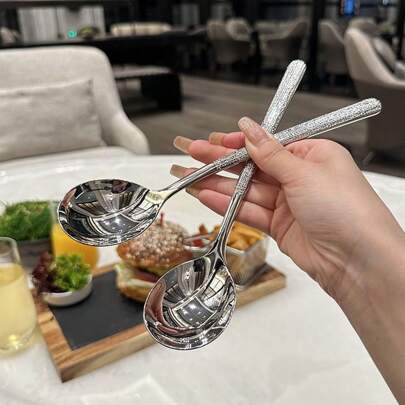 Luxury Hammer Pattern Spoon, Western Restaurant Long-Handled Spoon, Dessert Spoon, Round Head Dining Spoon, Soup Spoon, Stainless Steel Spoon For Home Use School Supplies,Back To School
