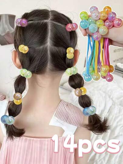 14入組女孩糖果色彈性髮帶,附有圓球,適用於日常使用
