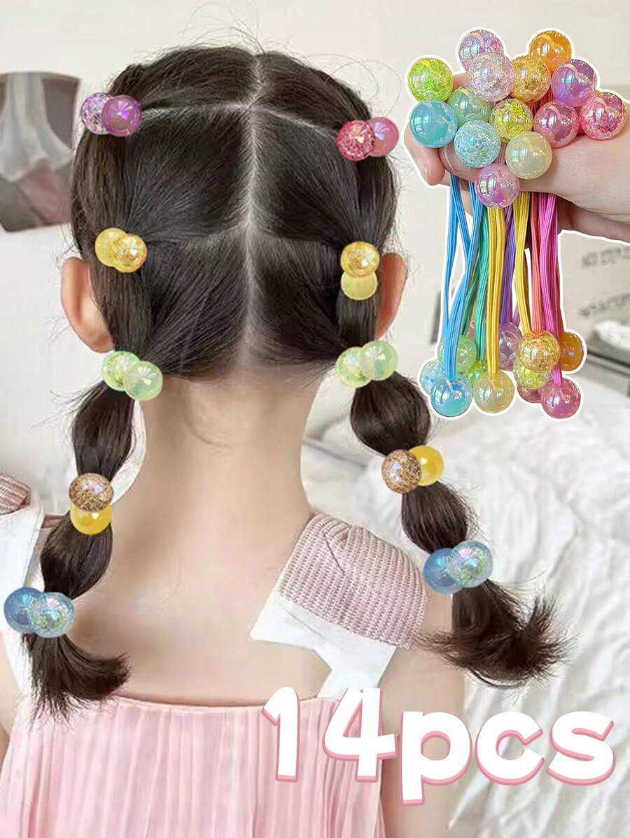 Conjunto De 14 Peças De Elásticos De Cabelo Coloridos Com Bolas Redondas Para Meninas, Adequado Para Uso Diário