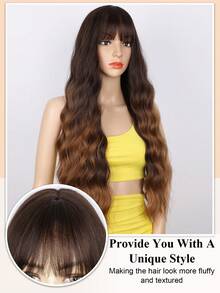 Synthetic Curly Wavy Hair With Bangs Wig Synthetic Heat Resistant Long 32 Inch Fully Machine Woven Daily Natural Realistic Wig For Women Dily Party Use
