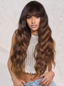 Synthetic Curly Wavy Hair With Bangs Wig Synthetic Heat Resistant Long 32 Inch Fully Machine Woven Daily Natural Realistic Wig For Women Dily Party Use